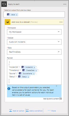 Screenshot of the Power BI action for each row.