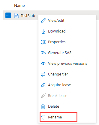 Screenshot of a blob shortcut menu, showing the Rename option.