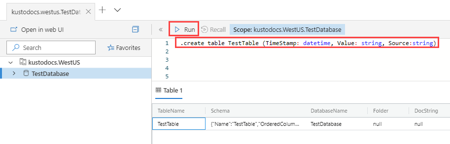 Screenshot of the Azure Data Explorer web U I query page, showing the create table command.