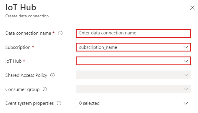 Screenshot of the Azure Data Explorer Web UI, showing the Data connection form.