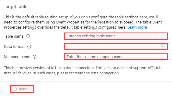 Screenshot of the Azure Data Explorer Web U I , showing the default routing settings in the Target table form.