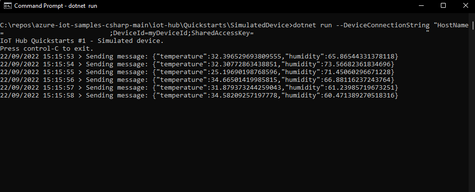 Screenshot of a command line window, showing a simulated device application sending telemetry to your I o T hub:.