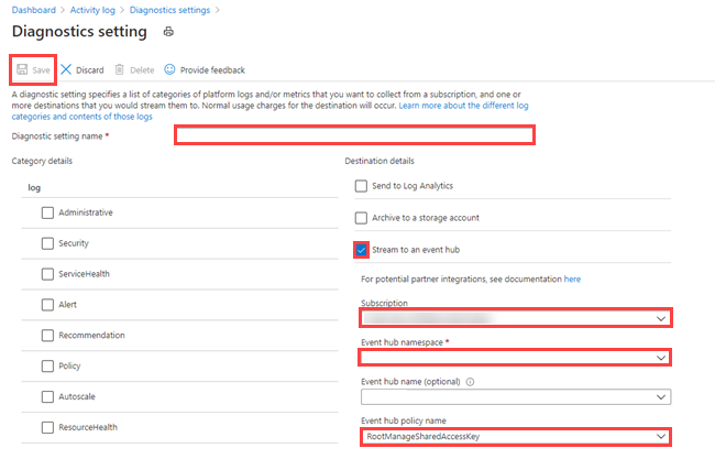 Diagnostic settings window with fields to fill out - Azure Data Explorer portal.