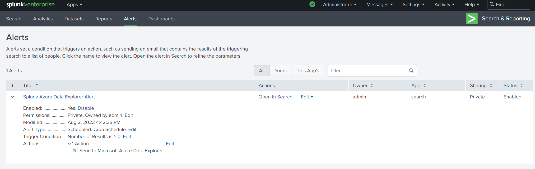 Screenshot of create alerts page showing the Azure Data Explorer add-on.
