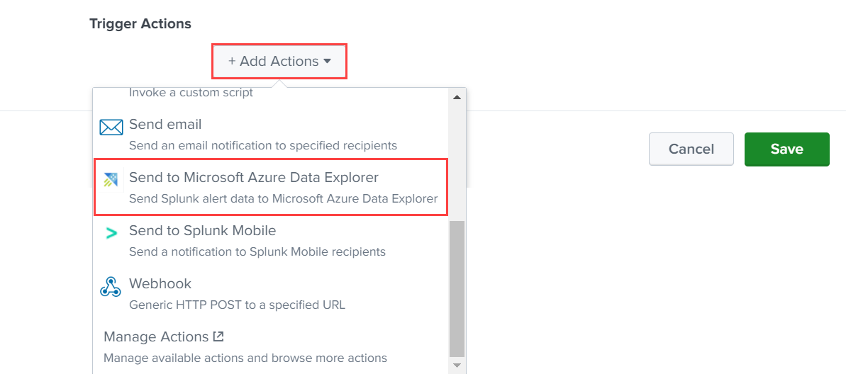 Screenshot of create alert dialog showing the Azure Data Explorer add-on trigger action.