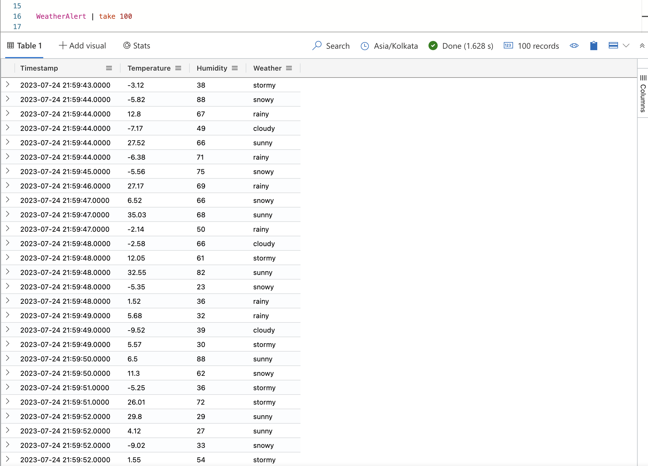 Screenshot of KQL query editor showing the results of a query to get 100 records from the table.