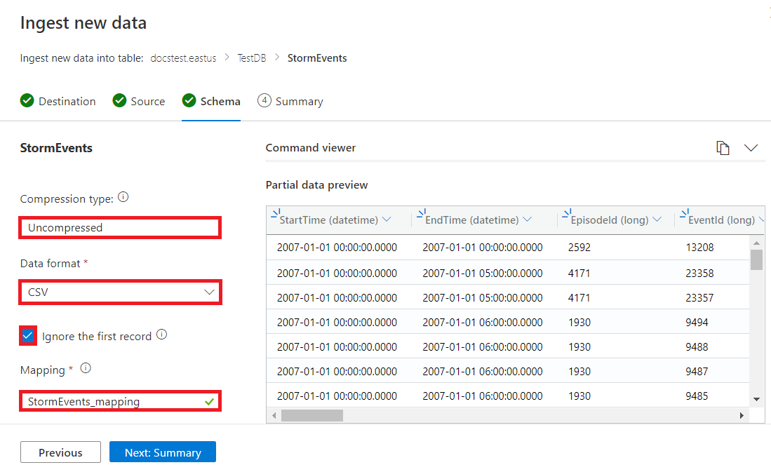 Screenshot of the Azure Data Explorer web UI where you define the schema for ingestion, whether data is uncompressed, and structure of table.
