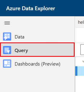 Screenshot of the Azure Data Explorer web UI where you select the Query pane from the menu.