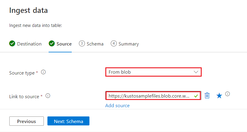 Screenshot of the Azure Data Explorer web UI where you select source for ingestion and provide list of source URIs or containers.