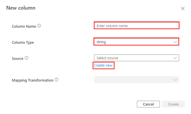 Screenshot to create a new source for adding nested JSON data in the ingestion process for Azure Data Explorer.