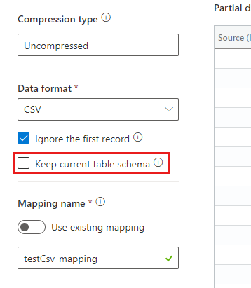 Screenshot showing the 'keep current table schema' option checked when using tabular data format.