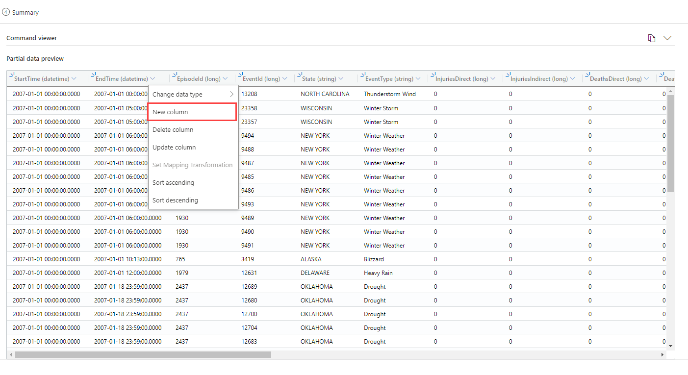 Screenshot of options in the schema tab to add a new column using the ingestion wizard for Azure Data Explorer.