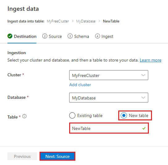 Screenshot of Azure Data Explorer to create a new table to ingest data