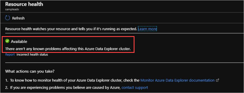 Screenshot of a Resource health page for an Azure Data Explorer resource. The status is listed as available and is highlighted.