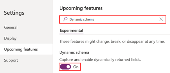 Screenshot of the settings page, showing the turn on dynamic schema setting.