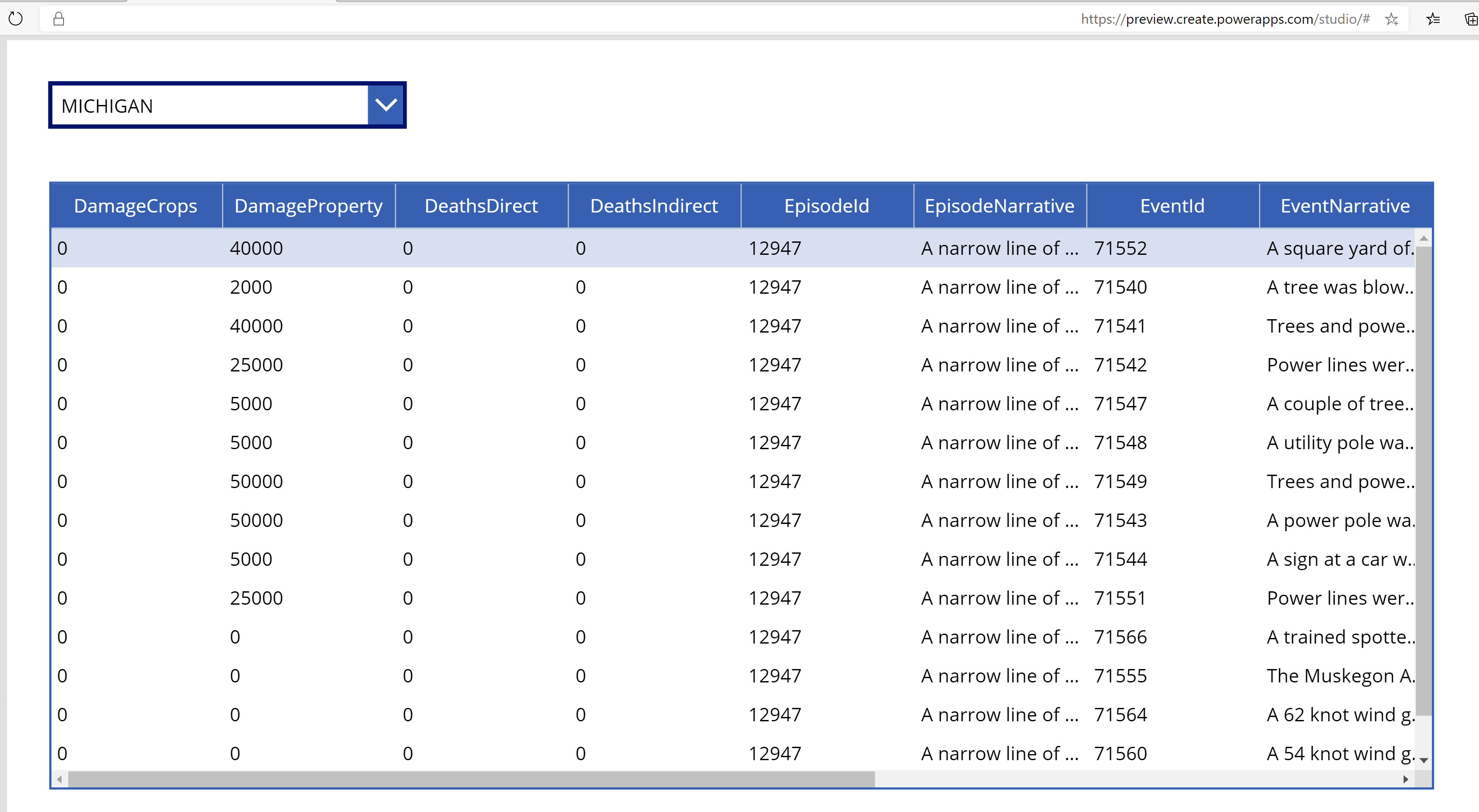 Screenshot of the app page, showing a preview the new app with data from Azure Data Explorer.