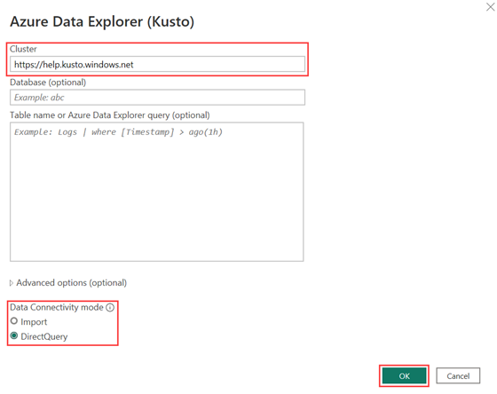 Screenshot of the Azure Data Explorer(Kusto) connection window showing the help cluster URL, with the DirectQuery option selected.