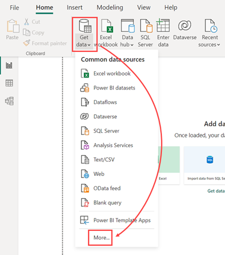 Screenshot of the Home tab in Power BI Desktop, showing the drop-down menu of the Home tab entry titled Get data with the More option highlighted.