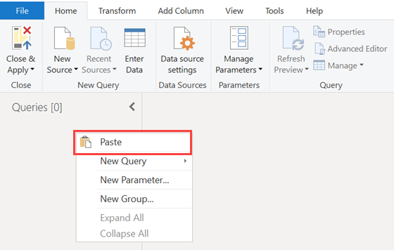 Screenshot of the Power BI Desktop Navigator pane, showing the drop-down menu of the right mouse button with the Paste option highlighted.