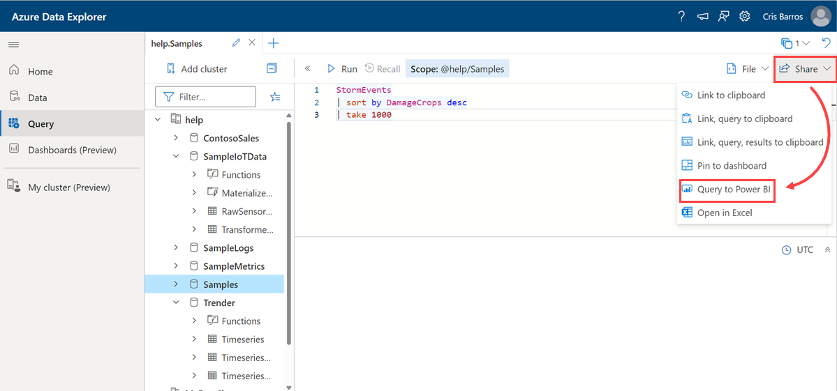 Screenshot of Azure Data Explorer web UI, showing the open Share menu with the Query to Power BI option highlighted.