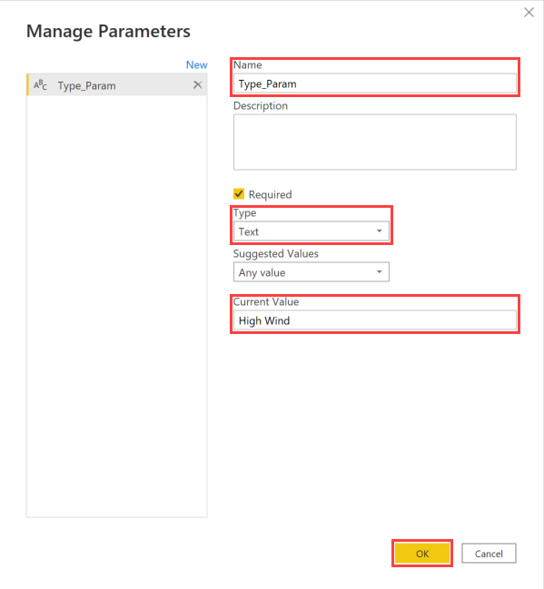 Screenshot of Manage Parameters screen, showing the creation of a new parameter.