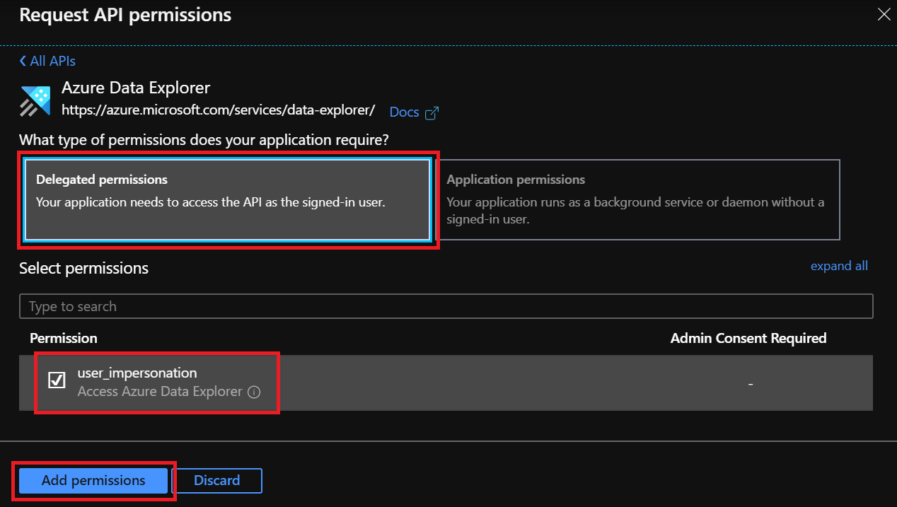 Screenshot showing how to select delegated permissions with user impersonation.