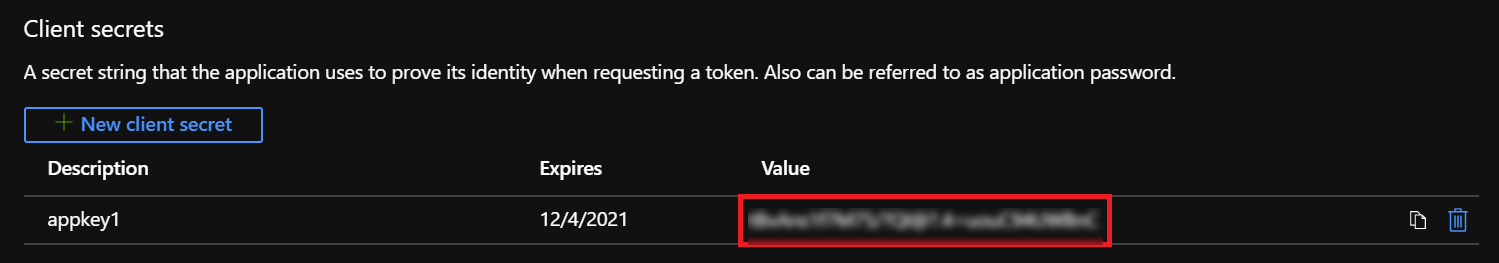Screenshot showing how to copy client secret key value.