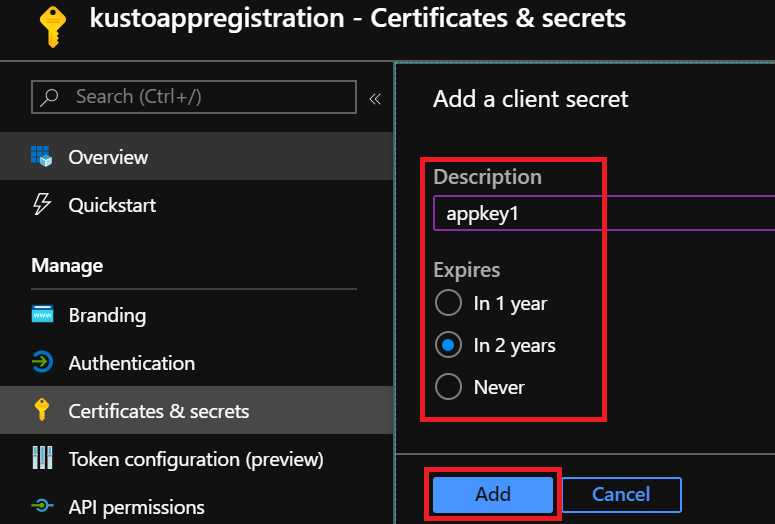 Screenshot showing how to enter client secret parameters.