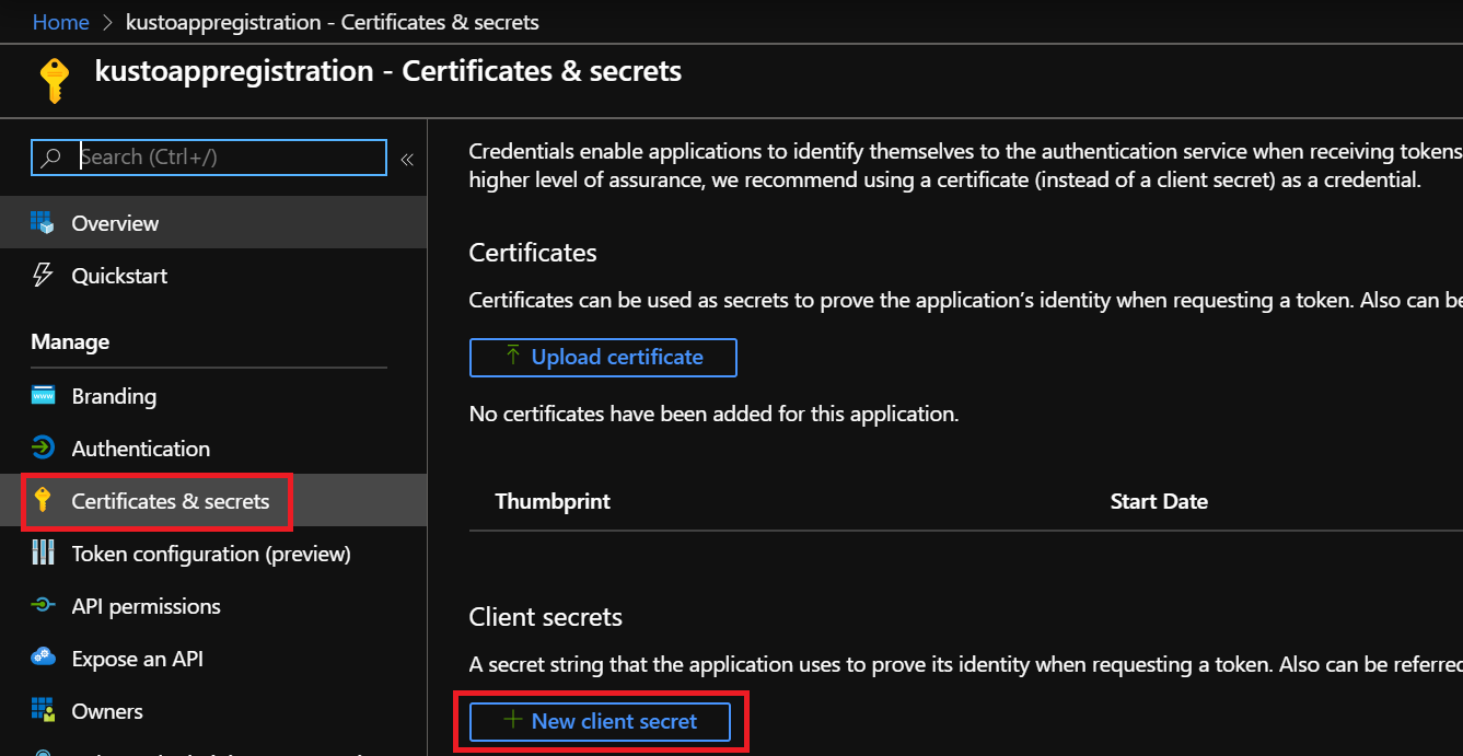 Screenshot showing how to start the creation of client secret.
