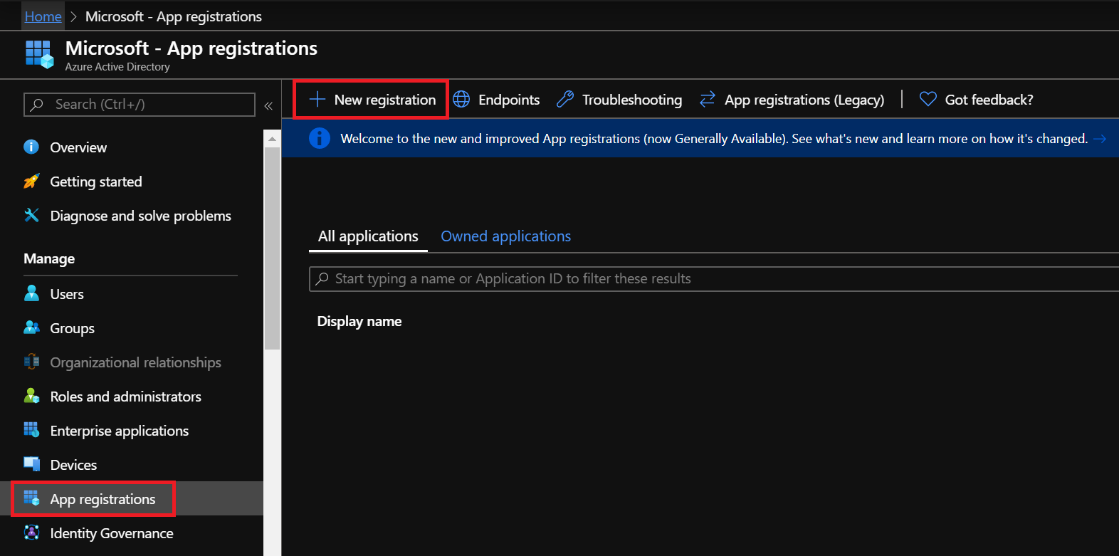 Screenshot showing how to start a new app registration.