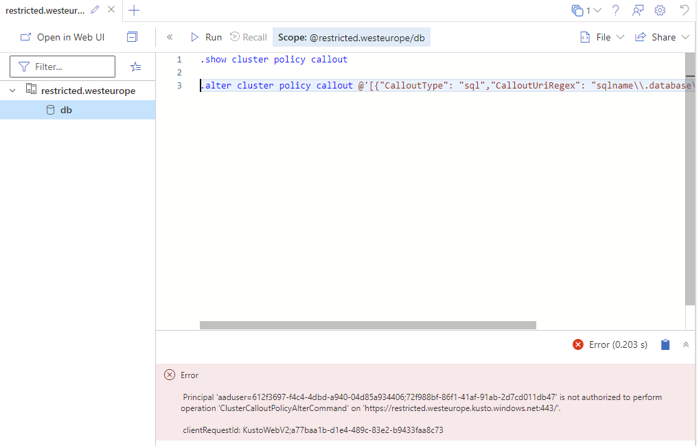 Screenshot of the restricted query page, showing an immutable callout policies error.