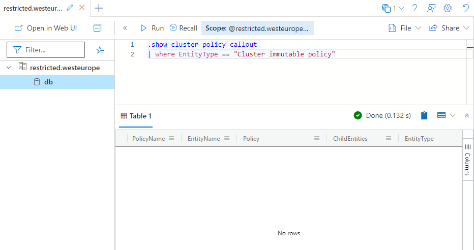 Screenshot of the restricted query page, showing no immutable callout policies.