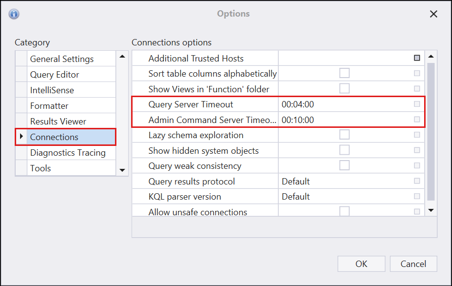 Screenshot showing settings that control the timeout length in Kusto.Explorer.
