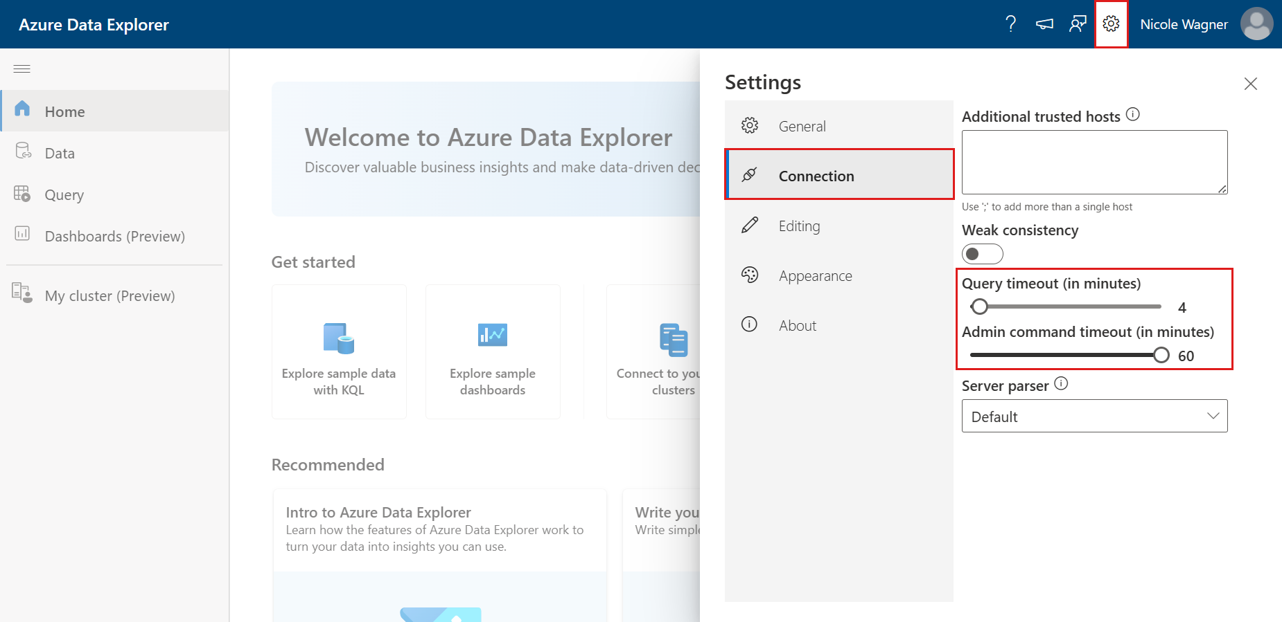 Screenshot of the settings in the Azure Data Explorer web UI that control timeout length.