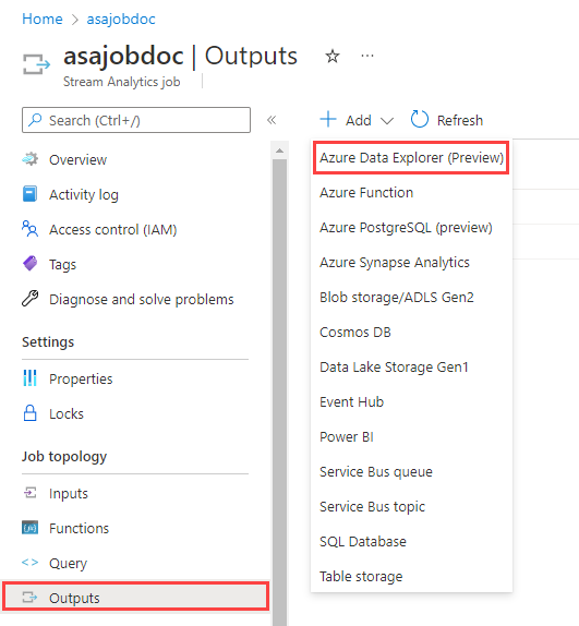 Screenshot of the Outputs page, showing how to create an Azure Data Explorer connection.