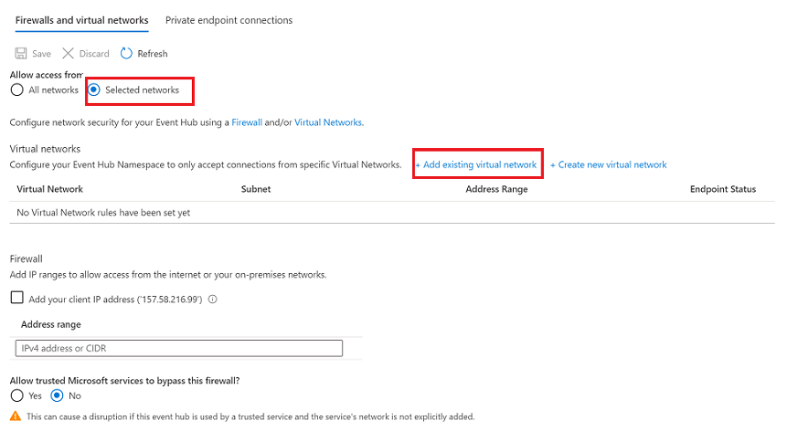 Add existing virtual network in Azure Data Explorer.