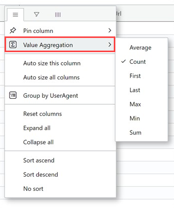 Screenshot of aggregate results when grouping column by results in the Azure Data Explorer web U I. 