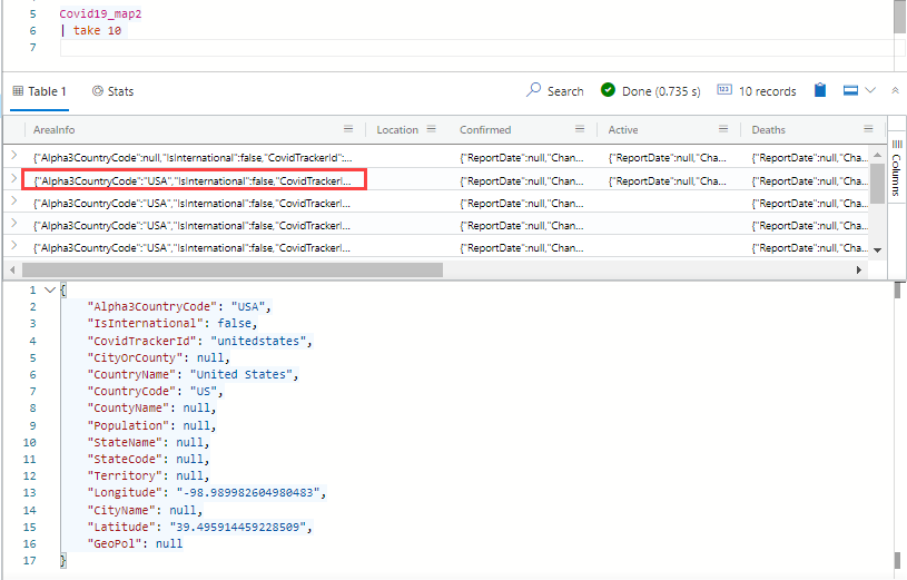 Screenshot of the Azure Data Explorer web U I expanded cell to show long strings.