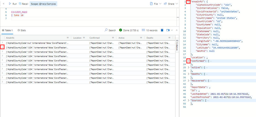 Screenshot of an expanded row in the Azure Data Explorer web UI.