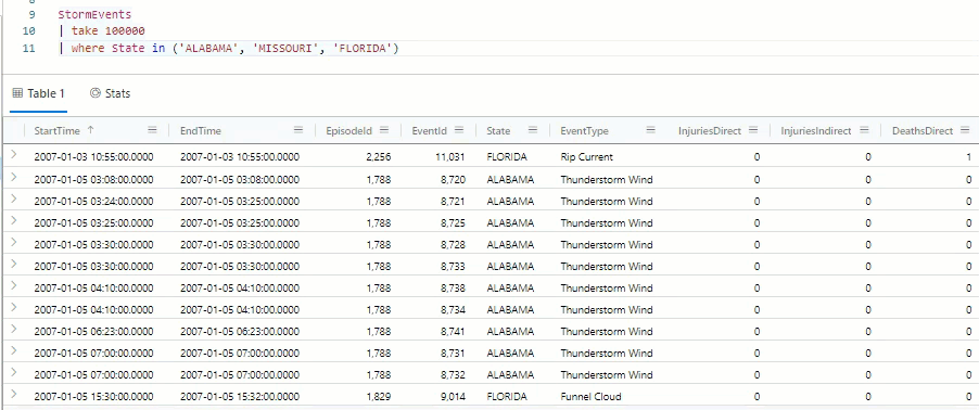 GIF showing how to filter on a column in the Azure Data Explorer web U I.