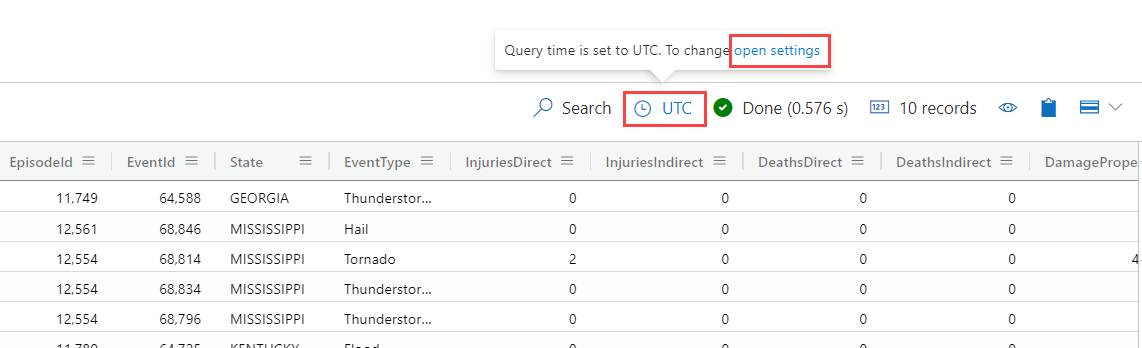 Screenshot of Query time changed to UTC in results grid menu.