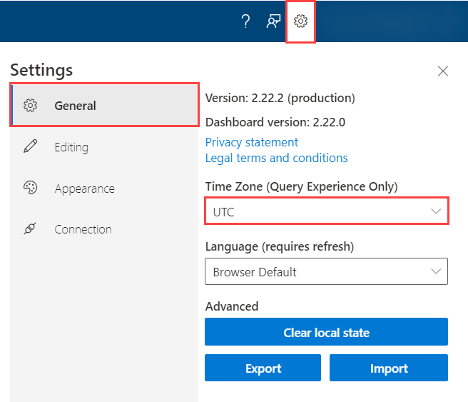 Screenshot of general tab on settings blade to change time zone in Azure Data Explorer web U I.