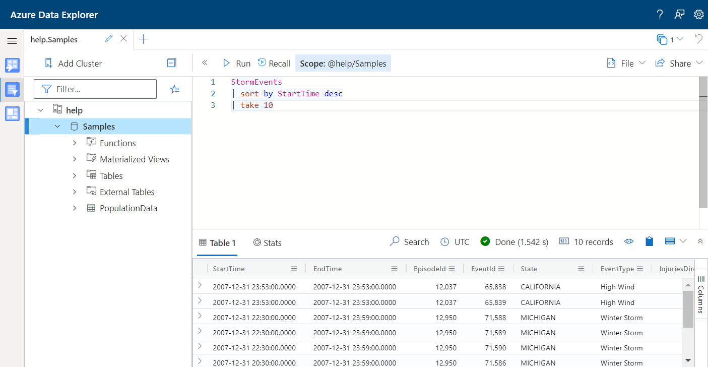 Screenshot of query editor window in the Azure Data Explorer web U I.