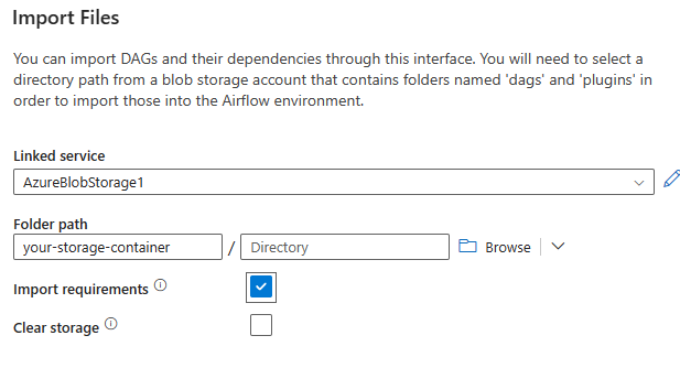 Screenshot showing the import dialog for an Airflow integrated runtime environment, with the Import requirements checkbox checked.