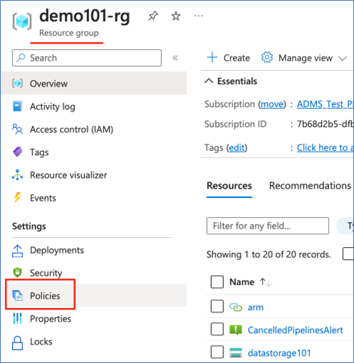 Screenshot showing a resource group in the Azure portal with the Policies settings option highlighted.