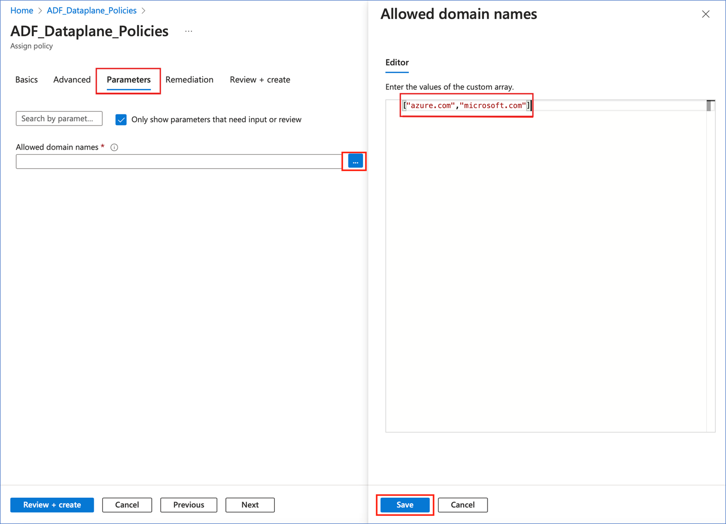 Screenshot showing the ADF_Dataplane_Policies policy assignment dialog with the Parameters tab selected and a domain list provided.