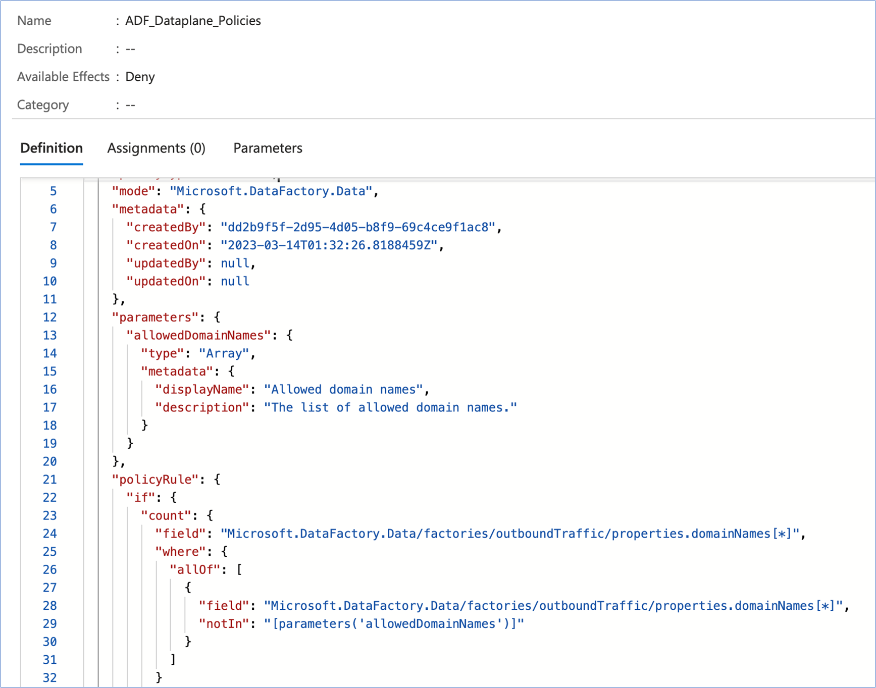 Screenshot showing the ADF data plane Policies for Microsoft Azure.