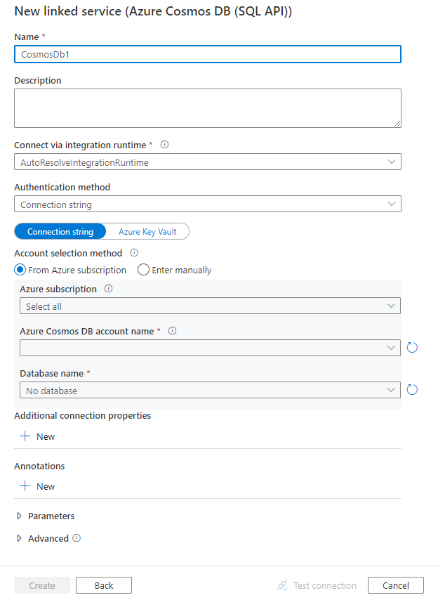 Screenshot of linked service configuration for Azure Cosmos DB.