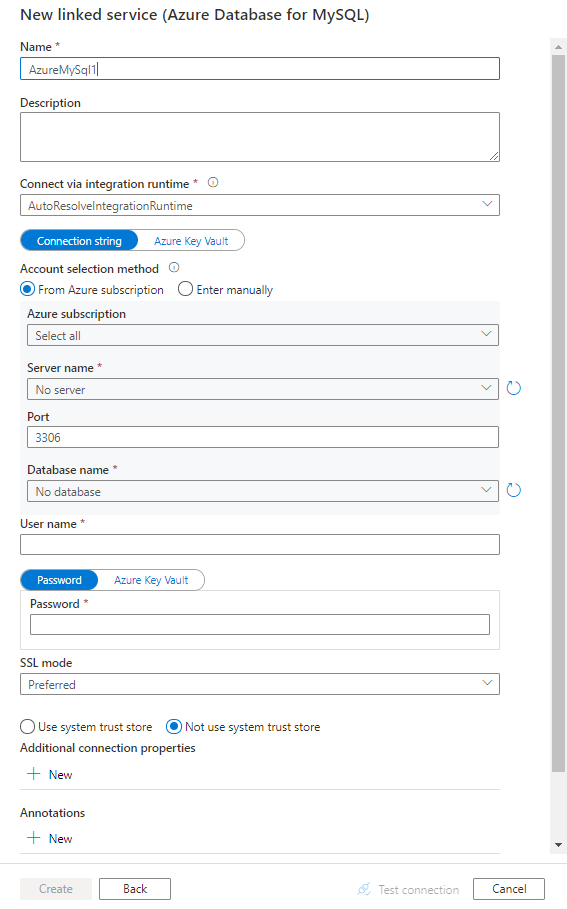 Configure a linked service to Azure Database for MySQL.