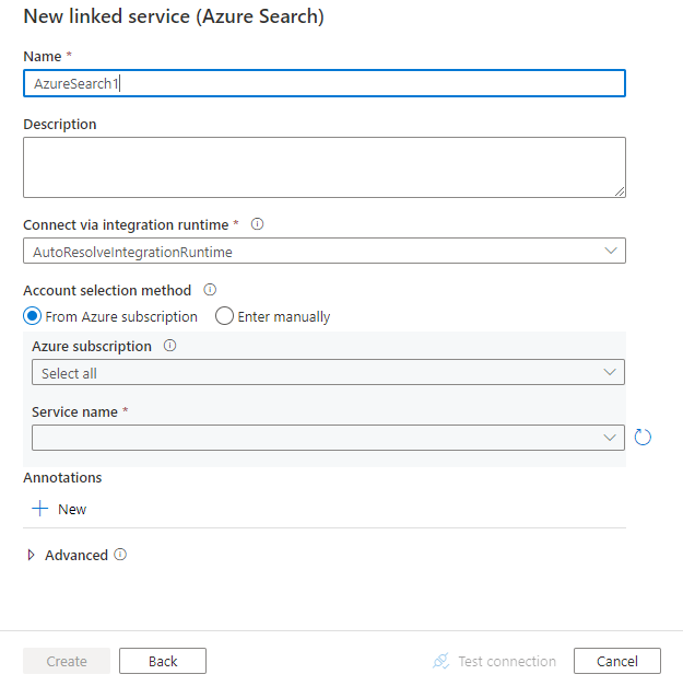 Configure a linked service to Azure Search.